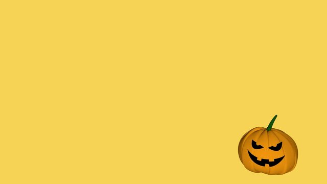Falling halloween pumpkin with scary jack face on a yellow background with copy space, 4k animation
