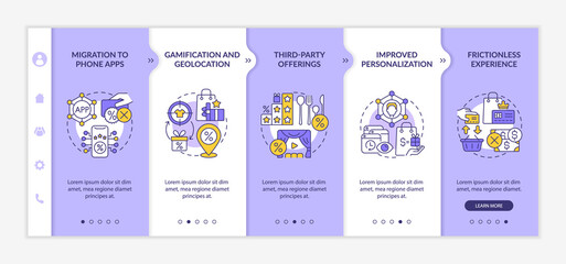 Loyalty programs trends onboarding vector template. Responsive mobile website with icons. Web page walkthrough 5 step screens. Bonus system tendencies color concept with linear illustrations