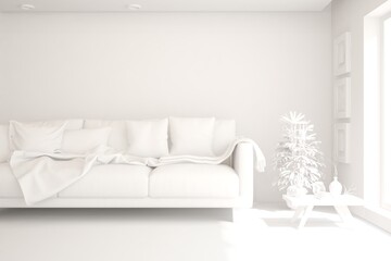 Mock up of stylish room in white color with sofa. Scandinavian interior design. 3D illustration