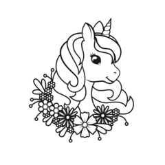 Portrait of a cute unicorn in flowers. Page for coloring book. Vector linear illustration isolated on white background