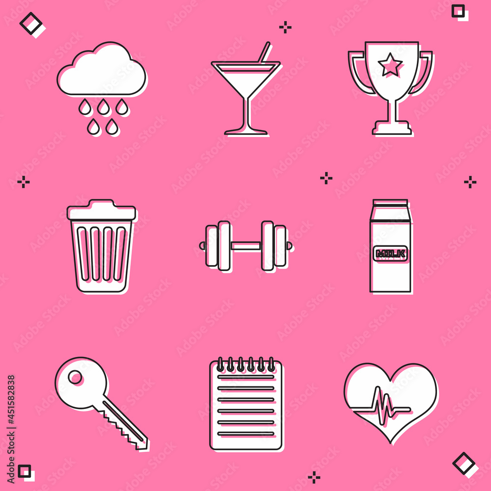 Sticker Set Cloud with rain, Martini glass, Trophy cup, Trash can, Dumbbell and Paper package for milk icon. Vector