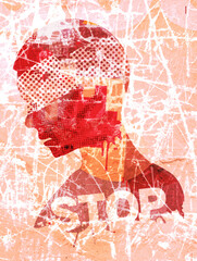 STOP Violence  and war.
Stylized illustration of injured man with a bandaged head on a background with a scratched wall.