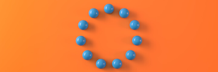 Abstract with blue balls arranged in a circle on an orange background. Geometric structure. 3D visualization