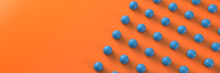Abstract with blue balls on an orange background. Geometric structure. 3D visualization