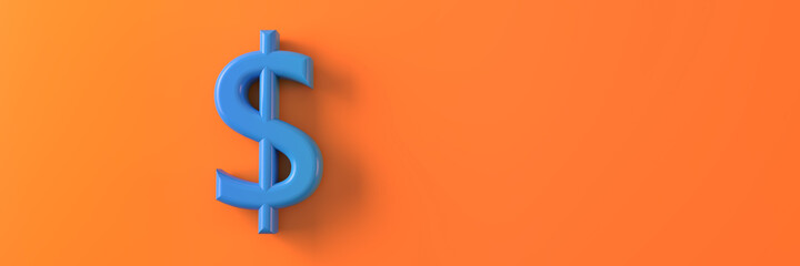 The symbol of the American currency is blue on an orange background. 3D visualization