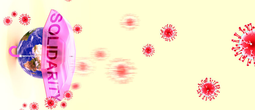Covid solidarity - corona virus attacking Earth that is protected by an umbrella with English word solidarity as a symbol of a human fight with coronavirus pandemic, 3d illustration