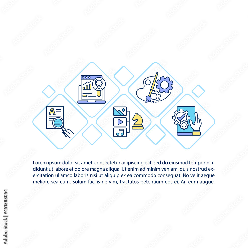 Poster product design and development concept line icons with text. ppt page vector template with copy spac