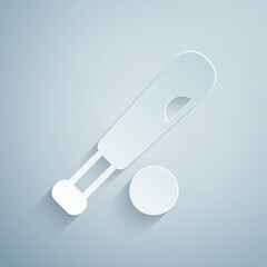 Paper cut Baseball bat with ball icon isolated on grey background. Paper art style. Vector