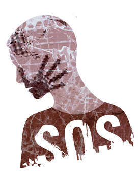 Young man victim of violence. 
Young man grunge silhouette covering strike with hand print on the face and SOS inscription.