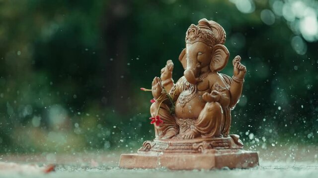 Water splash on lord ganesha sculpture. celebrate lord ganesha festival. 