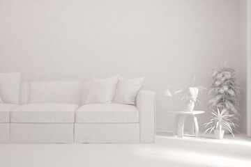 White minimalist living room with sofa. Scandinavian interior design. 3D illustration