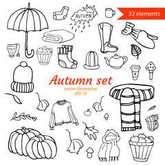 Hand drawn autumn doodle set isolated on white background. Vector set of different hand drawn design elements. Coloring book.