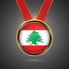 Abstract Lebanon country flag on gold medal vector. Sport game golden challenge award.