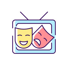 TV drama RGB color icon. Theatrical performance translation on display. Comedy acting. Television program broadcast for entertainment. Isolated vector illustration. Simple filled line drawing