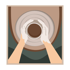 Pottery wheel vector. A potter sculpts a clay pot on a potter's wheel. Vector illustration.