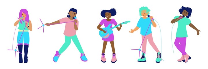 Rock music group. Woman and man sing a song. Set of singers. Flat vector illustration on white background