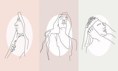 Vector minimalistic style portrait. Line art, woman portrait. Hand-drawn feminine print. Used for social net stories, logos, poster illustration, postcards, printables, wallpapers