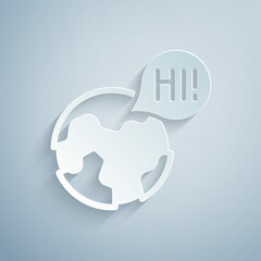 Paper cut Learning foreign languages icon isolated on grey background. Translation, language interpreter and communication. Paper art style. Vector