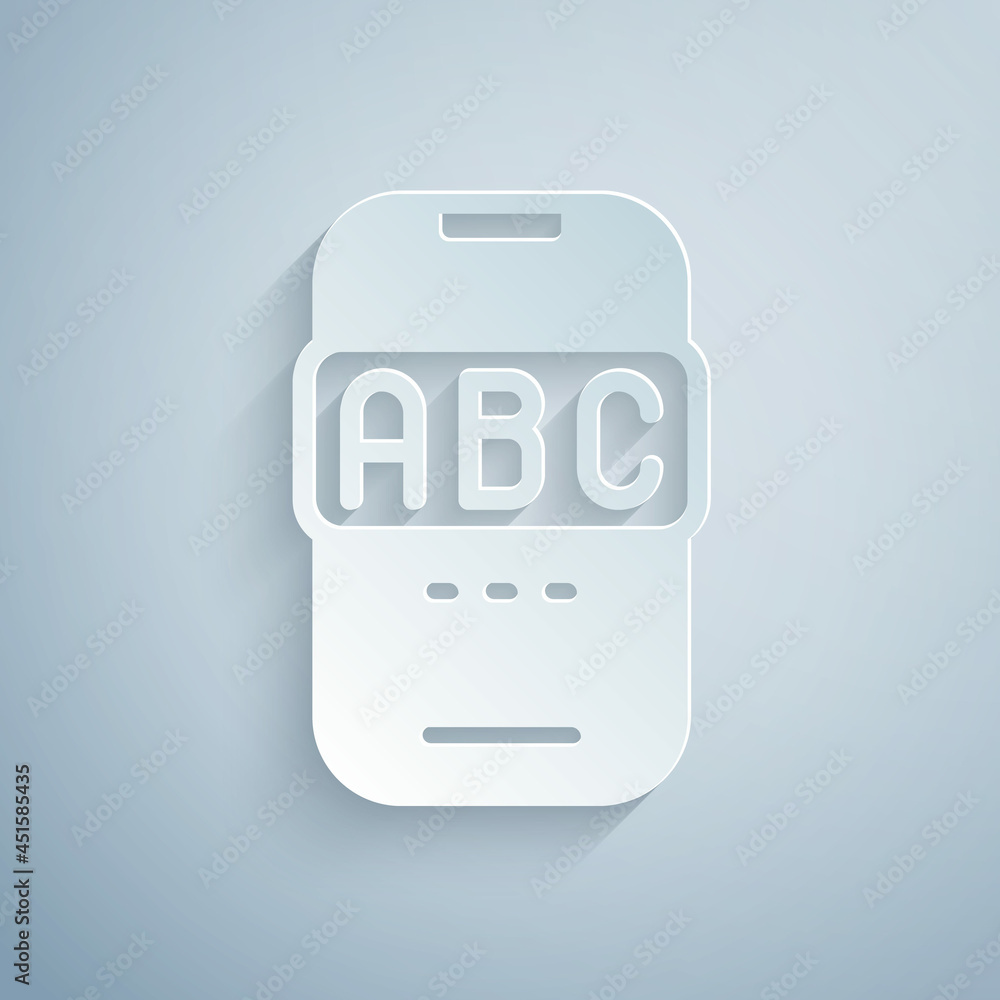 Poster paper cut e-learning of different foreign languages through the mobile application icon isolated on 