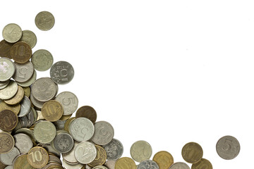 Heap of different ruble coins on white backdrop 