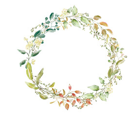 Watercolor greenery wreath illustration. Isolated on white background.