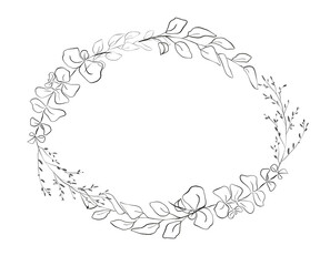 Pencil drawing greenery wreath illustration. Isolated on white background.