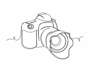 Continuous one line drawing of digital photo camera in silhouette on a white background. Linear stylized.Minimalist.