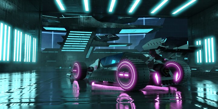 3D render of A futuristic purple neon racing car sits on a wet garage surface with bright blue neon stripes. Fantastic scene in cyberpunk style. 3D illustration