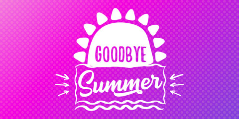 White goodbye summer vector concept text label or sticker on violet horizontal background. Goodbye summer concept illustration