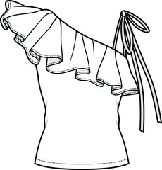 women one shoulder sleeveless ruffle top flat sketch vector illustration - obrazy, fototapety, plakaty