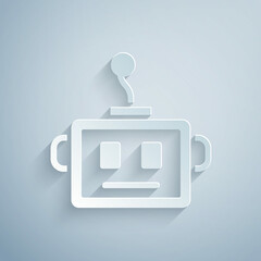 Paper cut Artificial intelligence robot icon isolated on grey background. Machine learning, cloud computing. Paper art style. Vector