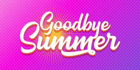White goodbye summer vector concept text label or sticker on violet horizontal background. Goodbye summer concept illustration