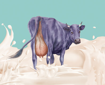 vache, laiti&egrave;re, mauve  du dos au milieu du gicl&eacute;e du lait, rivi&egrave;re, exploitation, cr&egrave;me, jus de coco, isol&eacute;, blanc, illustration, gicl&eacute;e, gicl&eacute;e du lait-coco, lait, clapoter, conception, liquide, vag