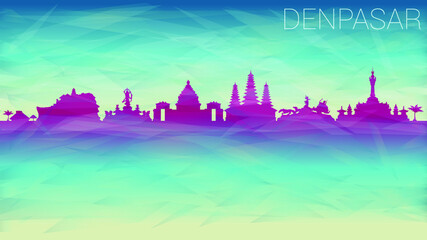 Denpasar Bali Indonesia Skyline City vector Silhouette. Broken Glass Abstract Geometric Dynamic Textured. Banner Background. Colorful Shape Composition.