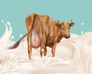 vache, laitière,   du dos au milieu du giclée du lait, rivière, exploitation, crème, jus de coco, isolé, blanc, illustration, giclée, giclée du lait-coco, lait, clapoter, conception, liquide, vague, n