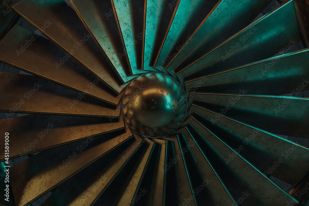 Aufkleber 3d rendering of old rotation turbine illuminated from abstract neon light