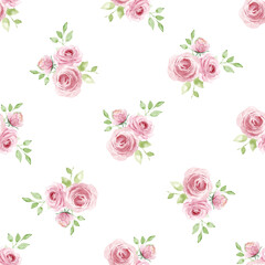 Seamless pattern with watercolor flowers roses, repeat floral texture, background hand drawing. Perfectly for wrapping paper, wallpaper, fabric, texture and other printing.
