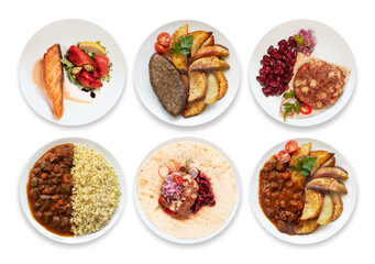 a set of different food plates isolated on a white background, top view