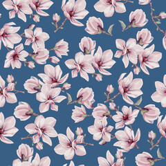 Seamless vector vintage floral pattern for gift wrap, fabric, cover and interior design with flowers.  Magnolia flowers and leaves © JL-art