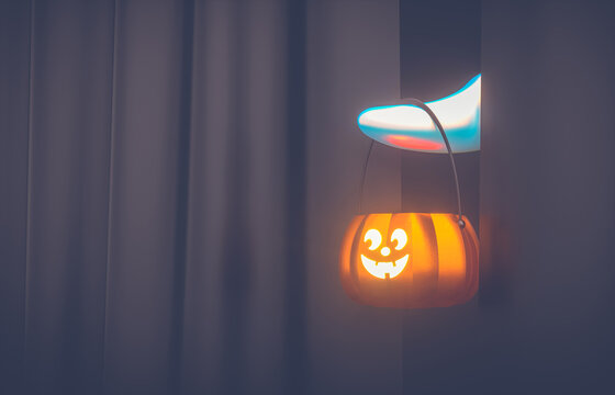 Cute 3d Halloween Ghost hand holding pumpkin bucket. Halloween background.