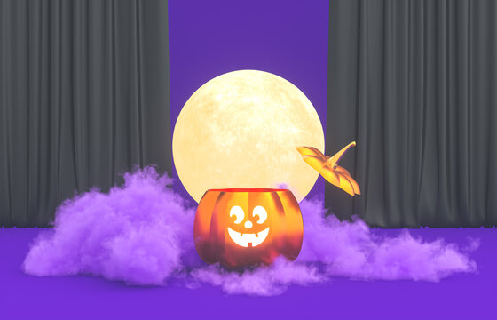 Cute 3d Halloween Pumpkin bucket with the moon. Halloween background.