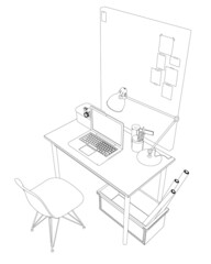 Contour of a workplace with a table, chair, laptop, lamp, camera and drawing supplies. A poster for your notes. Isometric view. Vector illustration