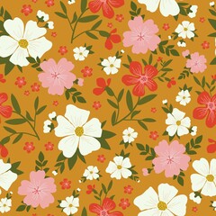 Seamless vintage pattern . wonderful white, pink and coral flowers on a mustard background. vector texture. trend print for textiles and wallpaper.