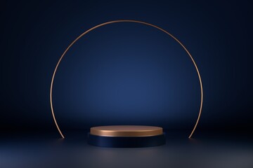 Gold pedestal or podium on dark background for product demonstration.  3D rendering.
