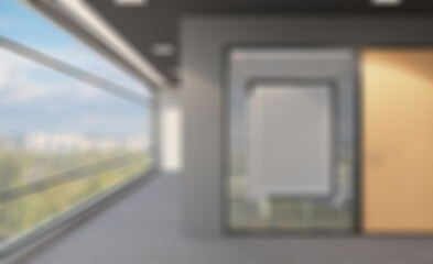 Bokeh blurred phototography. Modern office building interior. 3D rendering.. Mockup.   Empty