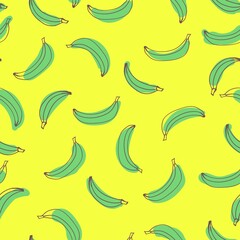 Obraz premium hand drawn vector bananas pattern, stylized green bananas on a yellow