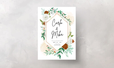 wonderful wedding invitation card set with greenery leaves white rose and pine flower