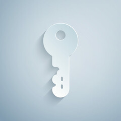 Paper cut House key icon isolated on grey background. Paper art style. Vector