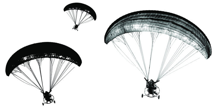 Motorized monochrome paragliders in grayscale and silhouettes isolated on white background. The man spread his arms to the sides and shows the rocker gesture. Illustration. Vector.