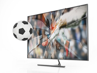 Soccer ball floating out of LCD TV with shattered screen. 3D illustration